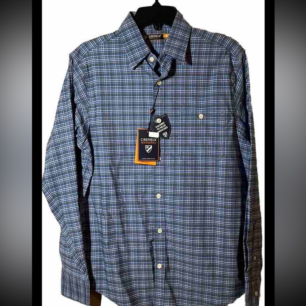 NWT Cremieux Performance Men’s Long Slv Blues Tan White Check Button Down w Pkt
